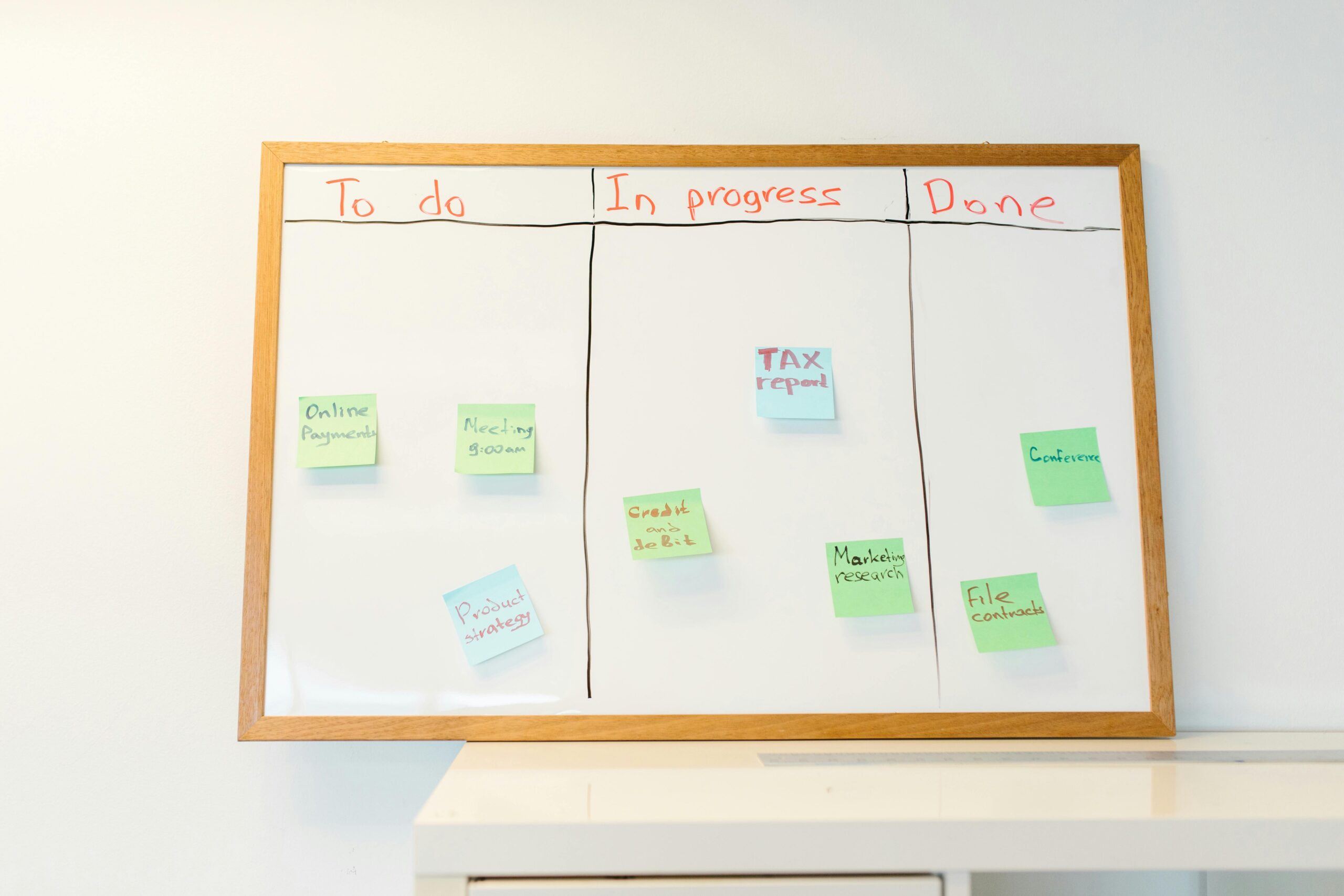 Gestion de projet Agile avec tableau Kanban Un tableau Kanban avec des post-its colorés utilisé par une équipe pour organiser les tâches d'un projet événementiel. Gestion de projet événementiel