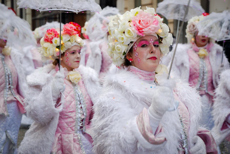 Vibrant carnival celebration in Aalst featuring floral costumes and umbrellas. photobooth carnaval 